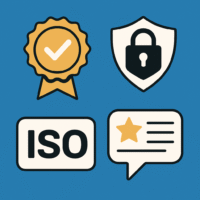 Icônes de certifications, sécurité, ISO et avis clients sur fond bleu