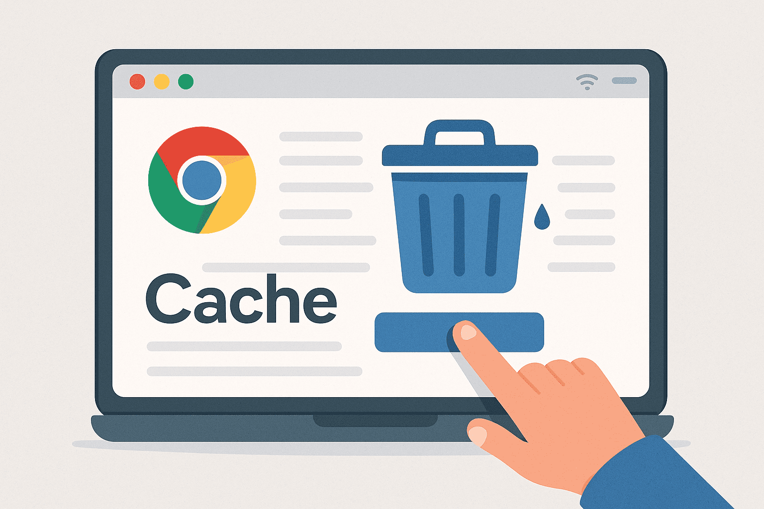 Illustration d’un cache Chrome vidé via une interface avec icône de poubelle et logo Google Chrome