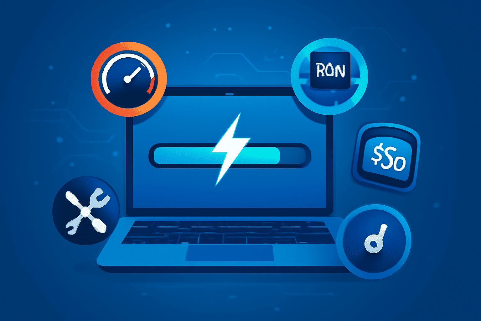 Illustration d’un ordinateur portable avec barre de progression et icônes de vitesse, RAM, SSD et outils d’optimisation sur fond bleu
