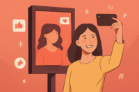 Illustration d'une jeune femme prenant un selfie devant un panneau publicitaire avec des icônes de réseaux sociaux et des hashtags, illustrant le thème du selfie en publicité.
