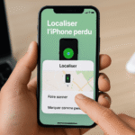 Main tenant un iPhone affichant l’application Localiser, avec les options “Faire sonner” et “Marquer comme perdu” visibles à l’écran, sur fond de bureau avec AirPods.
