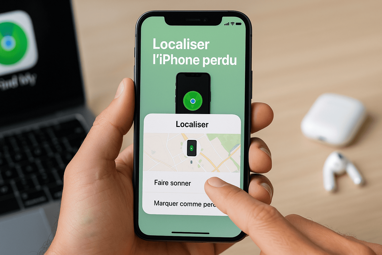 Main tenant un iPhone affichant l’application Localiser, avec les options “Faire sonner” et “Marquer comme perdu” visibles à l’écran, sur fond de bureau avec AirPods.