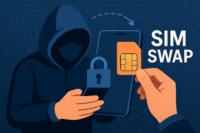 Illustration d’un hacker en capuche réalisant une attaque de type SIM swap, avec un smartphone verrouillé, une carte SIM orange et une flèche symbolisant le transfert de données.