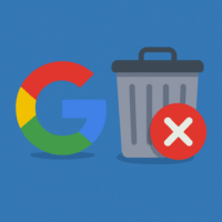Illustration du logo Google à côté d'une corbeille grise avec une croix rouge, symbolisant la suppression d’un compte Google sur fond bleu.