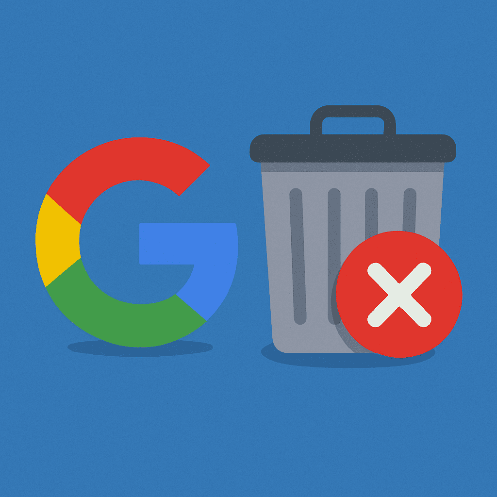 Illustration du logo Google à côté d'une corbeille grise avec une croix rouge, symbolisant la suppression d’un compte Google sur fond bleu.