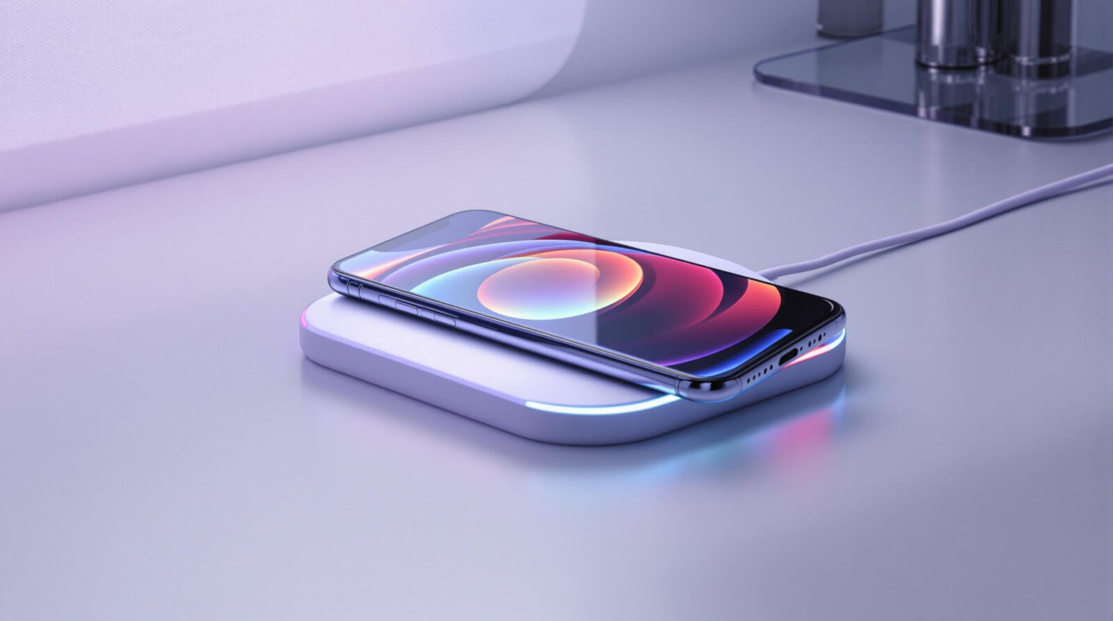 Smartphone en charge sur une station de recharge sans fil rétroéclairée, posé sur un bureau moderne au design épuré.