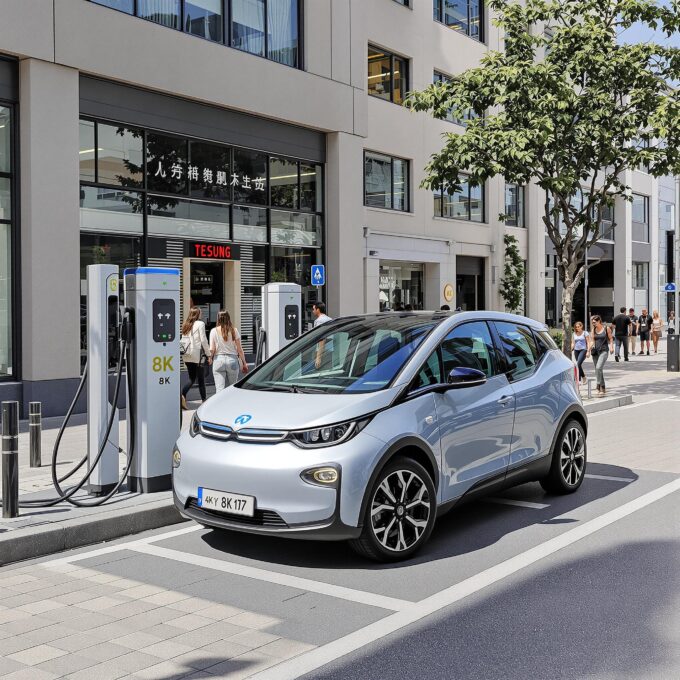 Voiture électrique sans permis en train de se recharger sur une borne 8K en ville, avec des passants et des bâtiments modernes en arrière-plan.