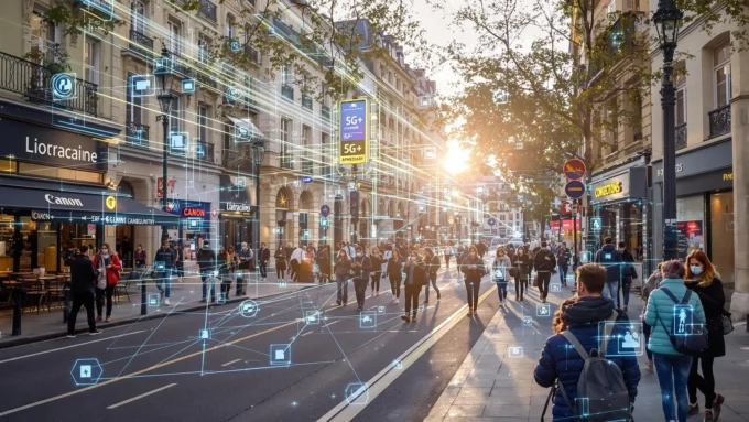 Rue commerçante animée à Paris avec des visualisations numériques illustrant la connectivité 5G+, symbolisant les usages connectés dans une ville intelligente