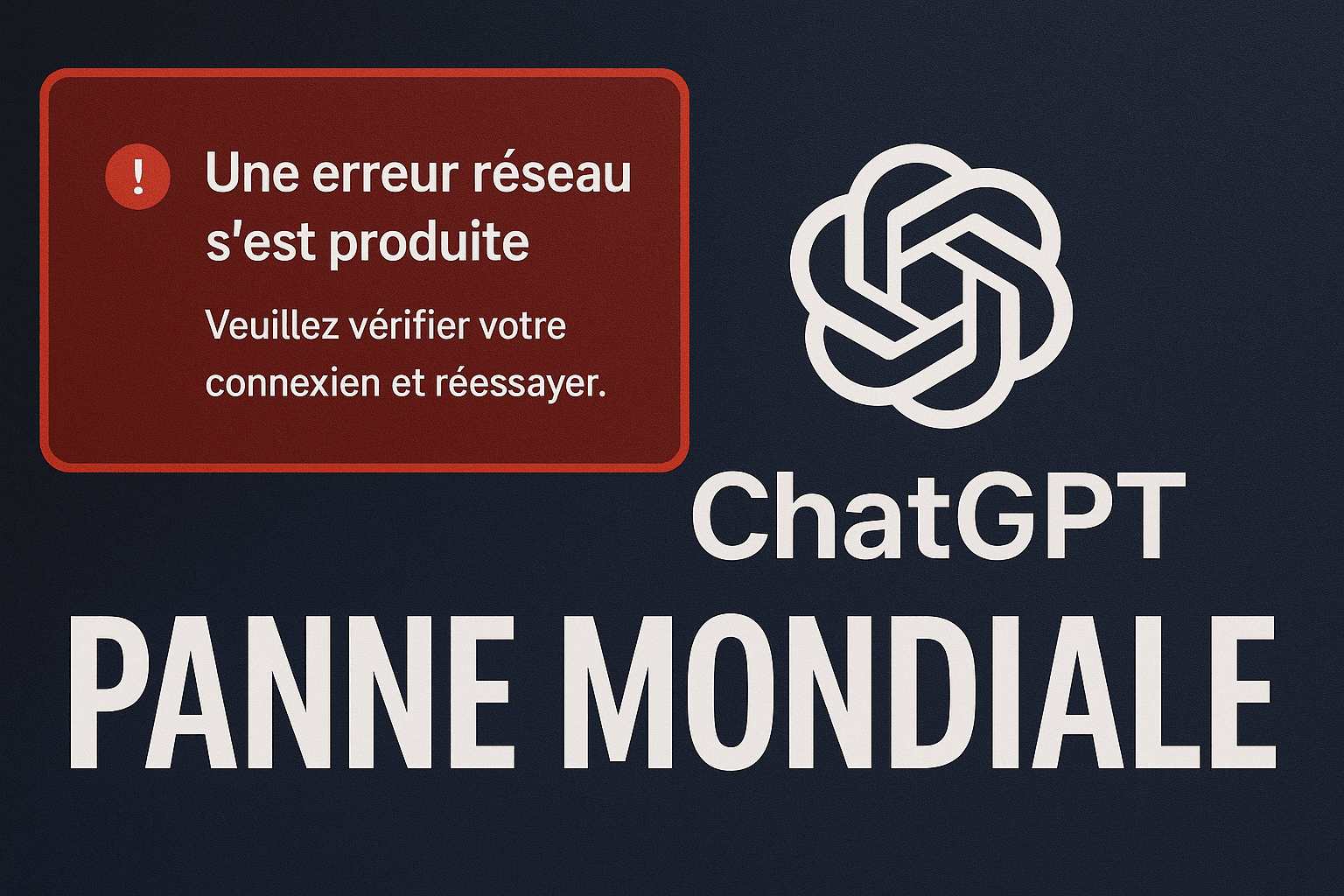 Message d'erreur réseau de ChatGPT avec texte 'Panne mondiale' et logo OpenAI sur fond sombre