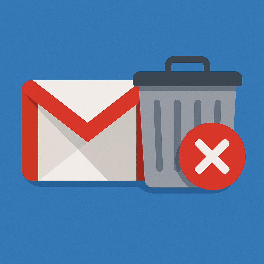 Illustration représentant le logo Gmail à côté d'une corbeille grise avec une croix rouge, symbolisant la suppression d'un compte Gmail.