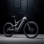 Vélo électrique tout-terrain au design futuriste, exposé en studio avec éclairage minimaliste et fond noir géométrique.