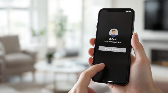 Utilisateur sur smartphone en train de supprimer son compte BeReal via l'application mobile, interface affichant le bouton "Delete Account".