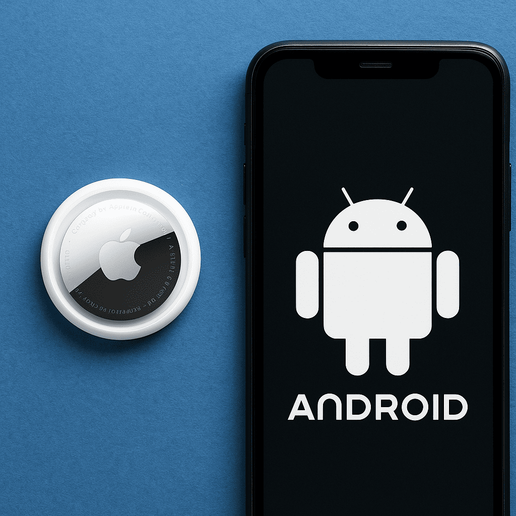 Comparaison entre un AirTag d’Apple et un smartphone Android affichant le logo Android, posés sur un fond bleu texturé.
