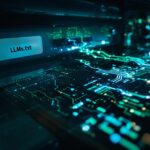 Image macro de circuit électronique avec un fichier nommé 'LLMs.txt' visible dans un compartiment, symbolisant la technologie avancée et le traitement des données.