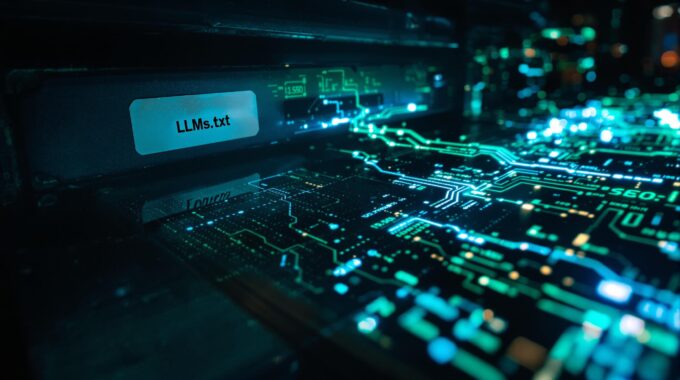 Image macro de circuit électronique avec un fichier nommé 'LLMs.txt' visible dans un compartiment, symbolisant la technologie avancée et le traitement des données.