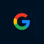 Logo multicolore de Google au centre d’un fond bleu foncé rempli de chiffres binaires en chute verticale, évoquant un univers algorithmique et l’IA.