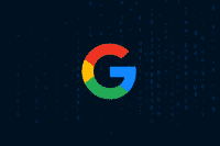 Logo multicolore de Google au centre d’un fond bleu foncé rempli de chiffres binaires en chute verticale, évoquant un univers algorithmique et l’IA.