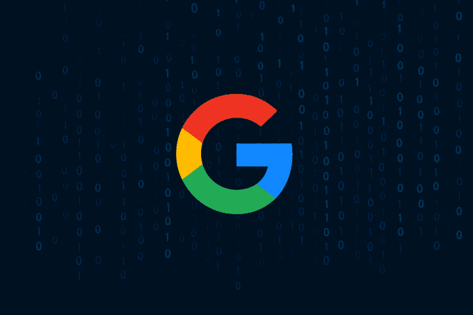 Logo multicolore de Google au centre d’un fond bleu foncé rempli de chiffres binaires en chute verticale, évoquant un univers algorithmique et l’IA.