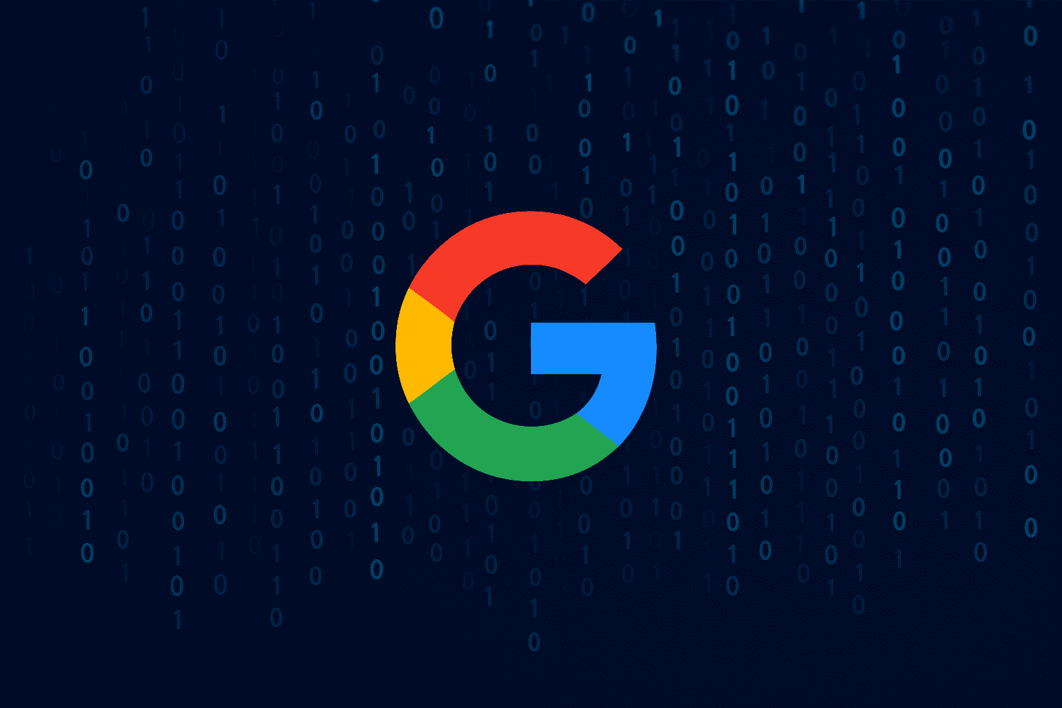 Logo multicolore de Google au centre d’un fond bleu foncé rempli de chiffres binaires en chute verticale, évoquant un univers algorithmique et l’IA.