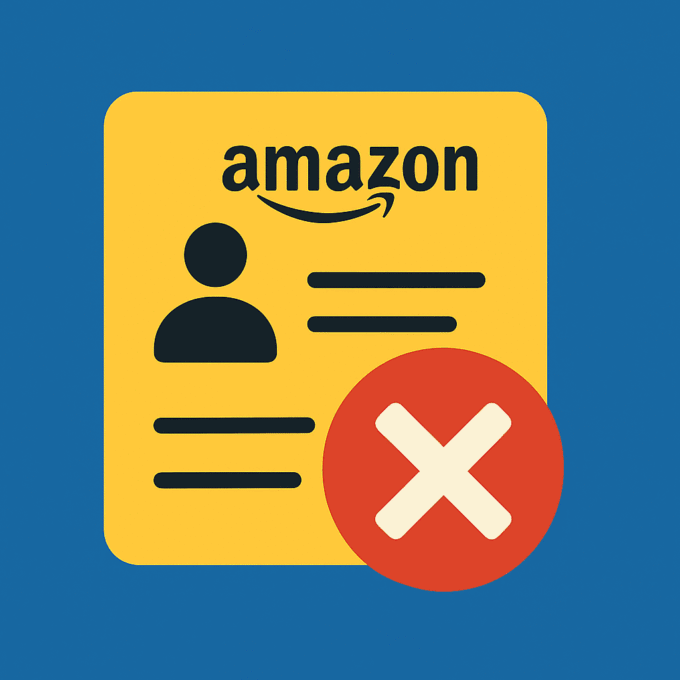 Illustration représentant une fiche de compte Amazon avec un pictogramme de suppression, symbolisant la fermeture d’un compte utilisateu
